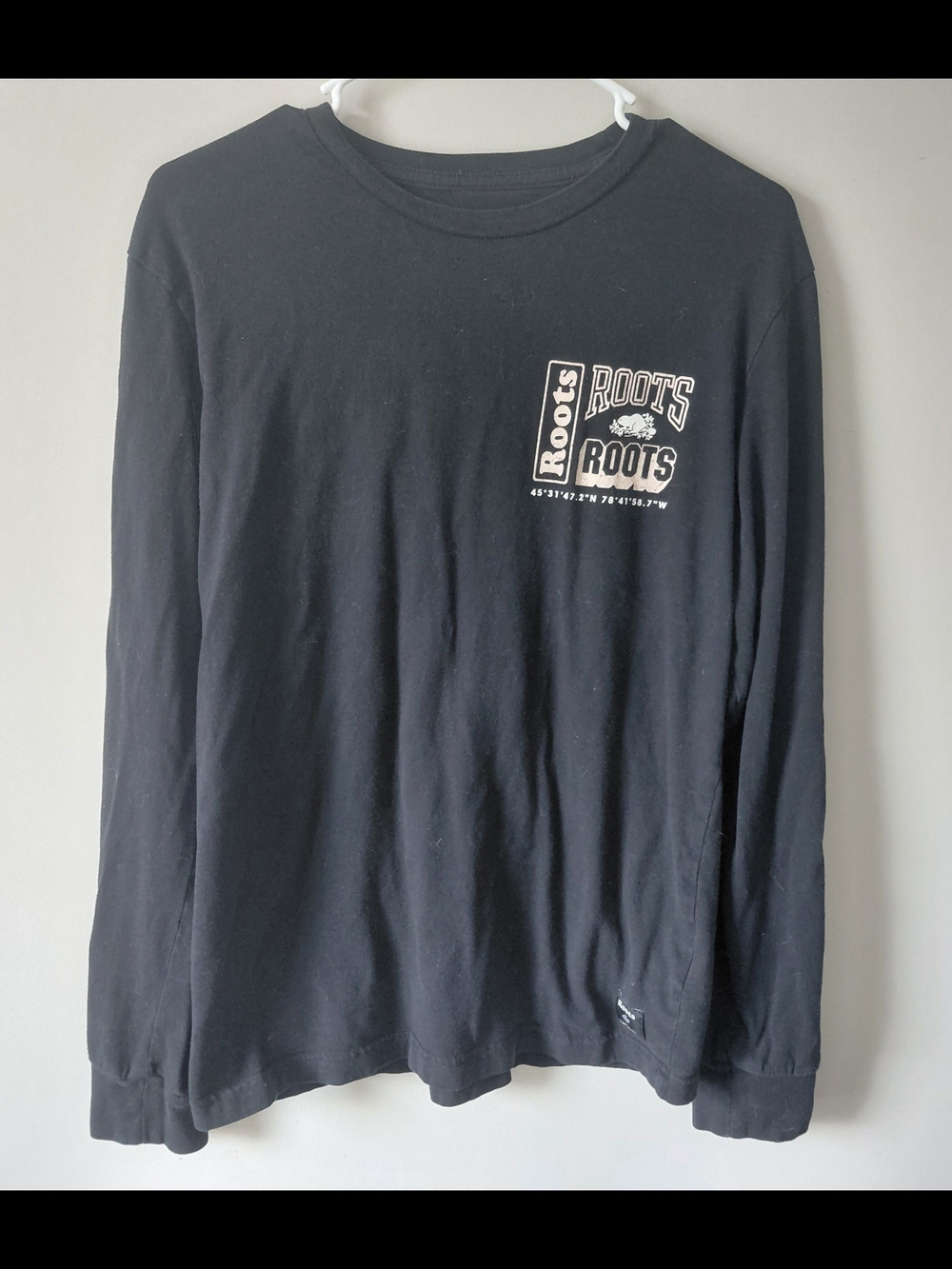 Roots Black Long Sleeve Logo Tee with White Chest Graphic